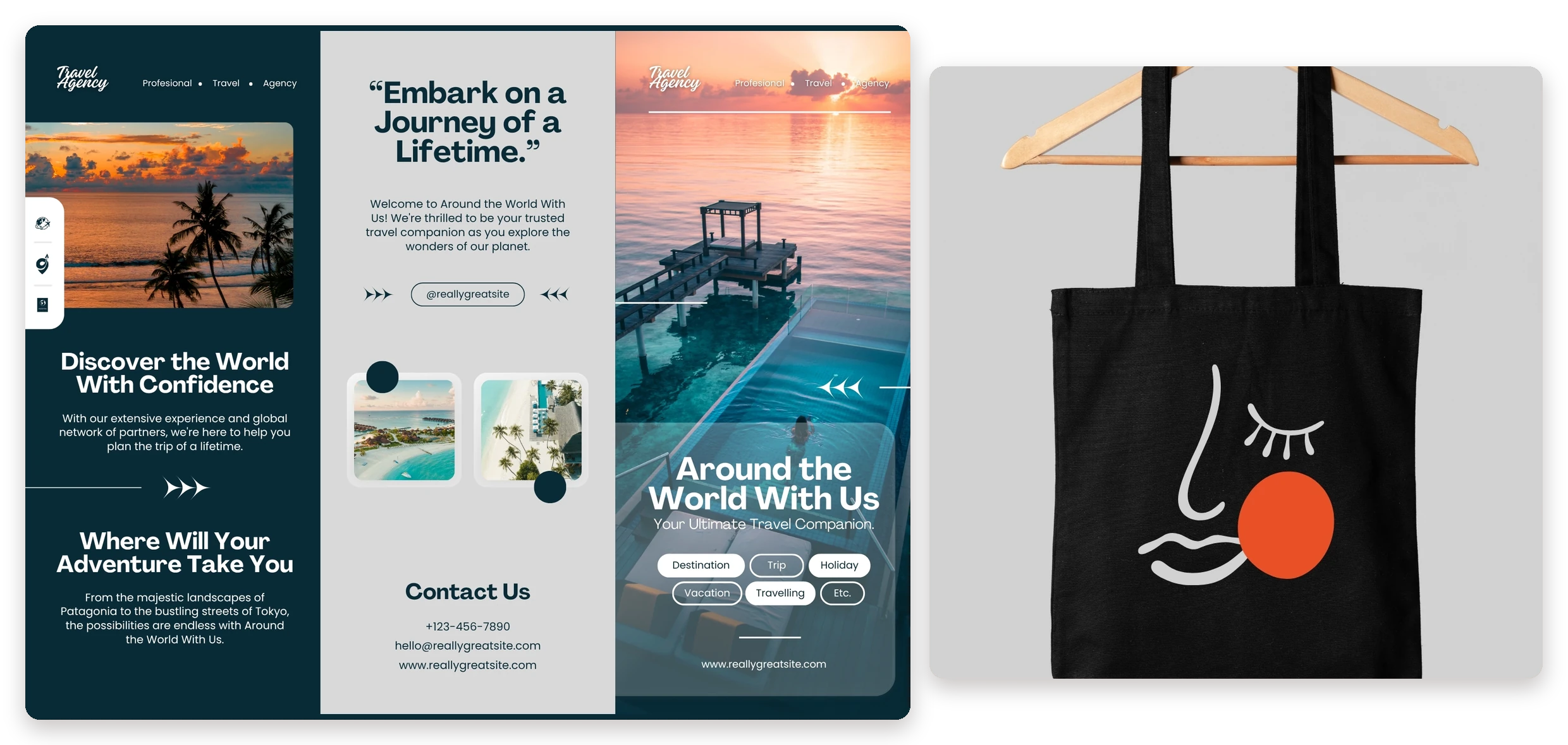 Travel brochure with sunset photography beside a black tote bag with an orange and white illustration