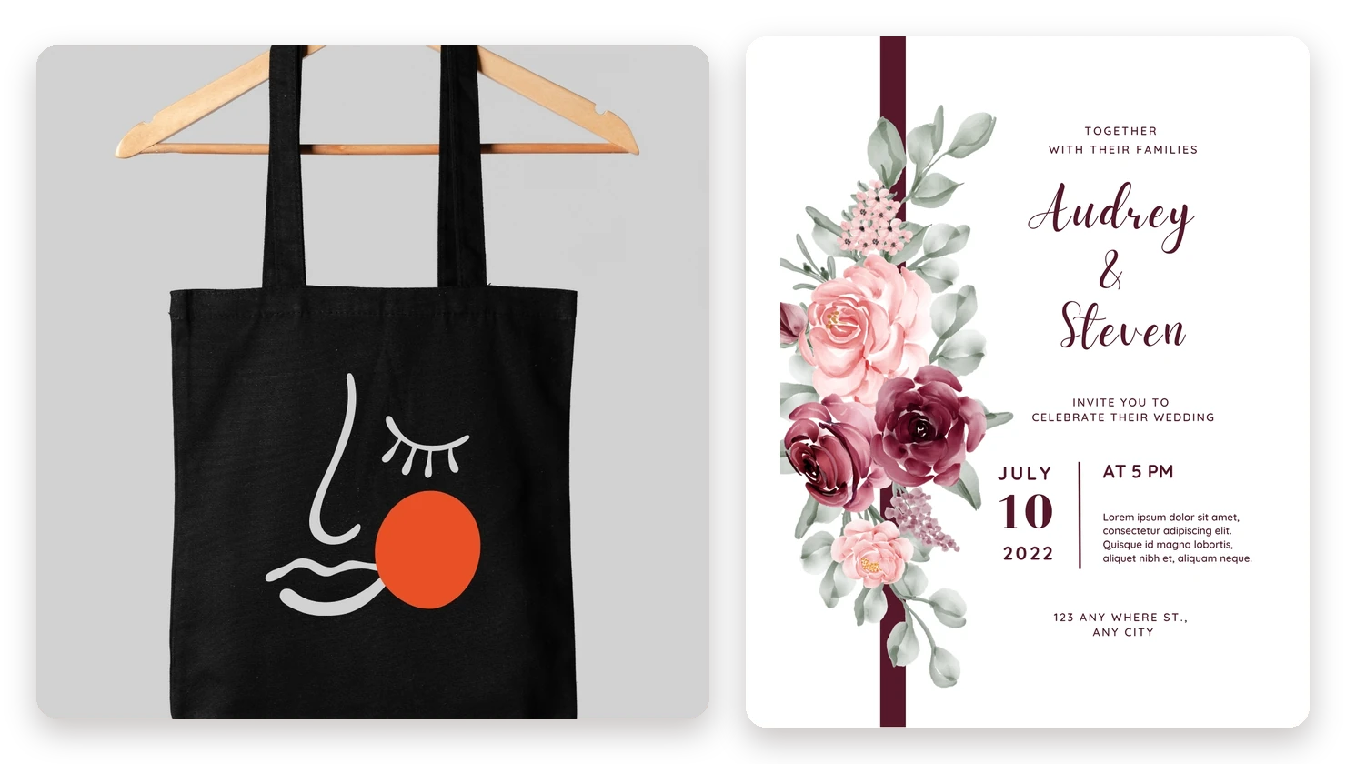 Illustrated black tote bag and floral wedding stationery